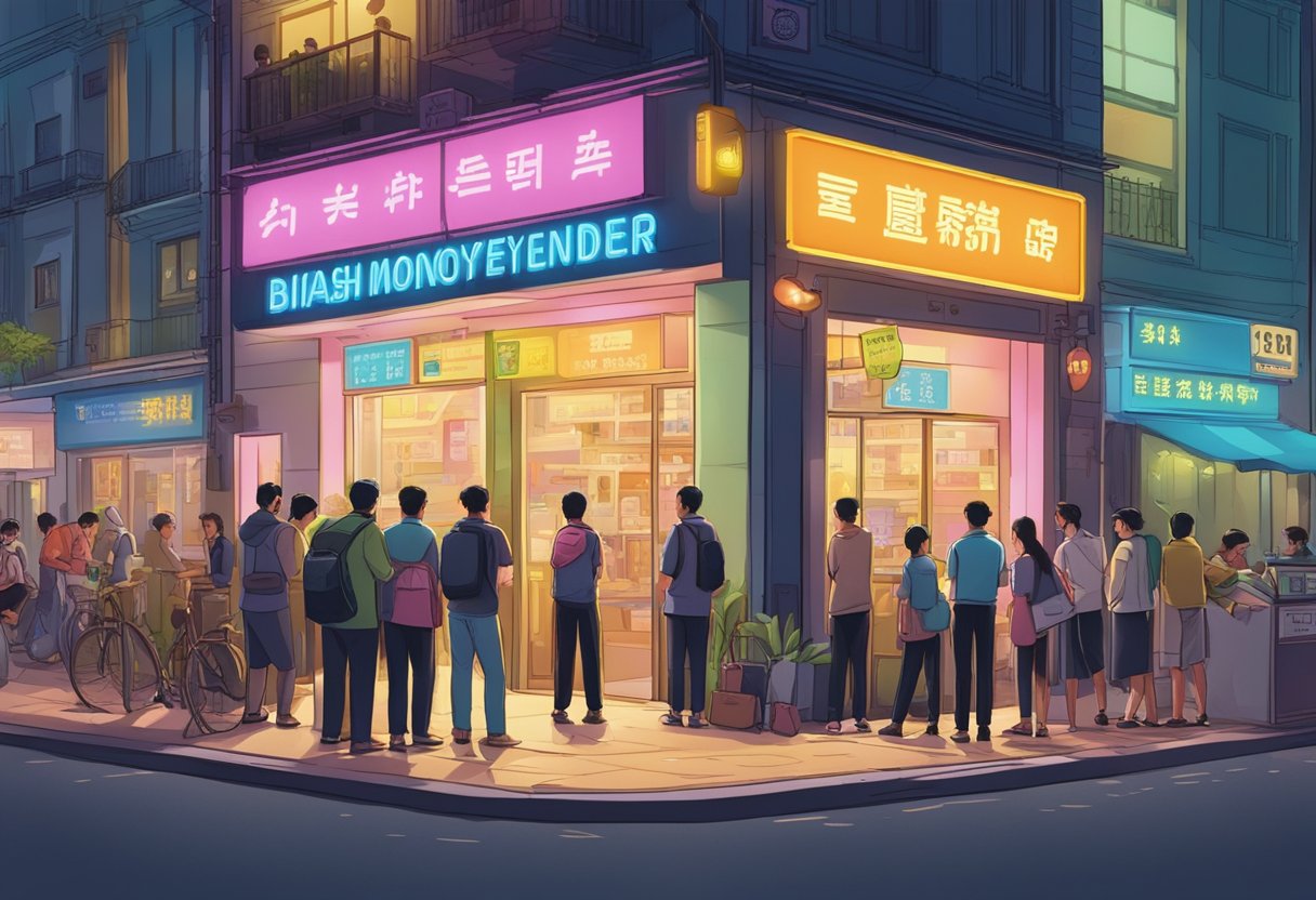 A bustling street corner with a neon-lit sign reading "Bishan Money Lender." People line up outside the shop, exchanging cash and documents through a small window