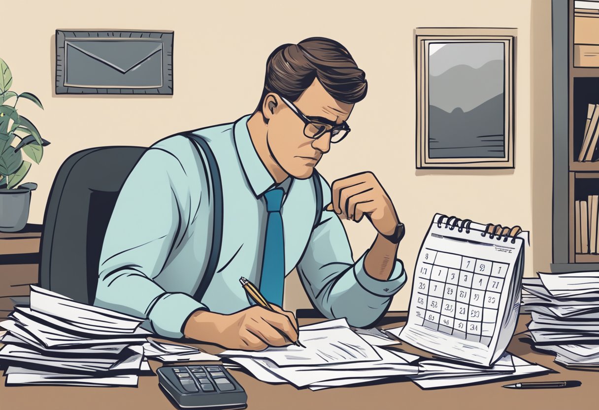 A stack of unpaid bills sits on a desk, while a calendar shows past due dates. A stern-looking creditor stands nearby, tapping a pen impatiently