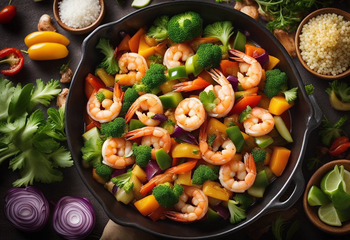 A sizzling pan of succulent prawns in a tangy sweet and sour sauce, surrounded by colorful vegetables and aromatic herbs
