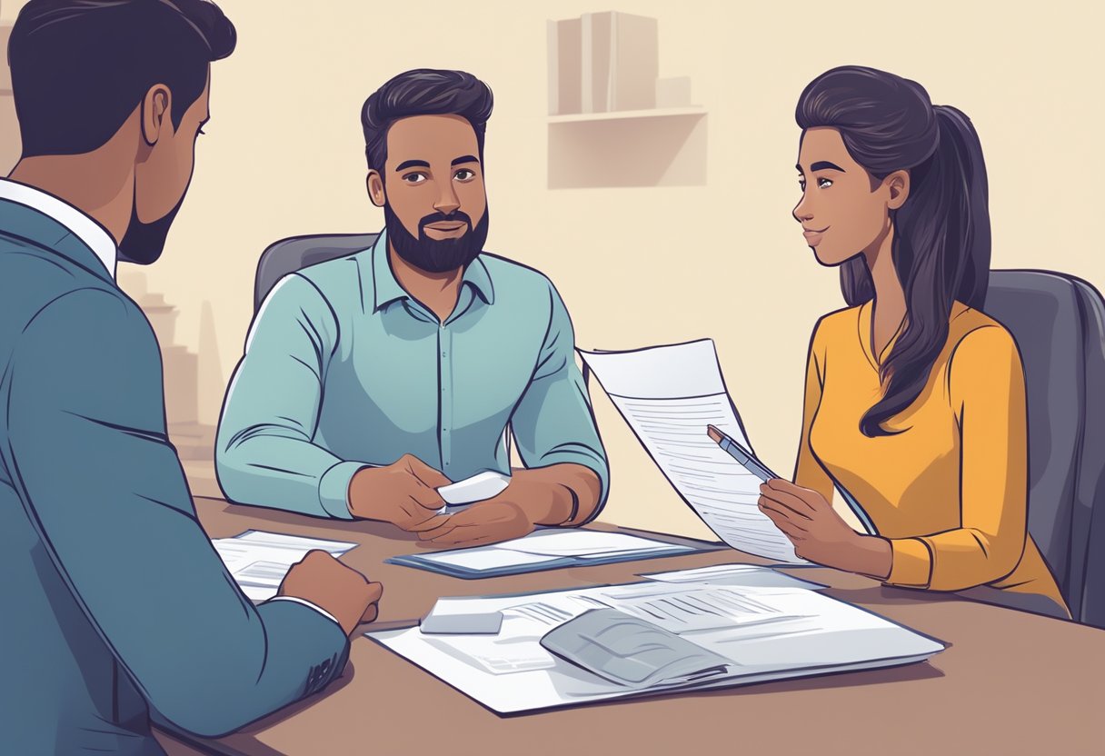 A person sitting at a desk, filling out a loan application form. The money lender is reviewing the documents and discussing terms with the applicant