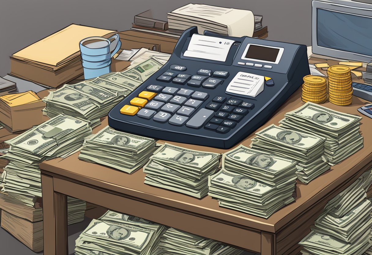 A cluttered desk with stacks of cash, loan documents, and a calculator. A sign in bold letters reads "Bishan Money Lenders" above the desk