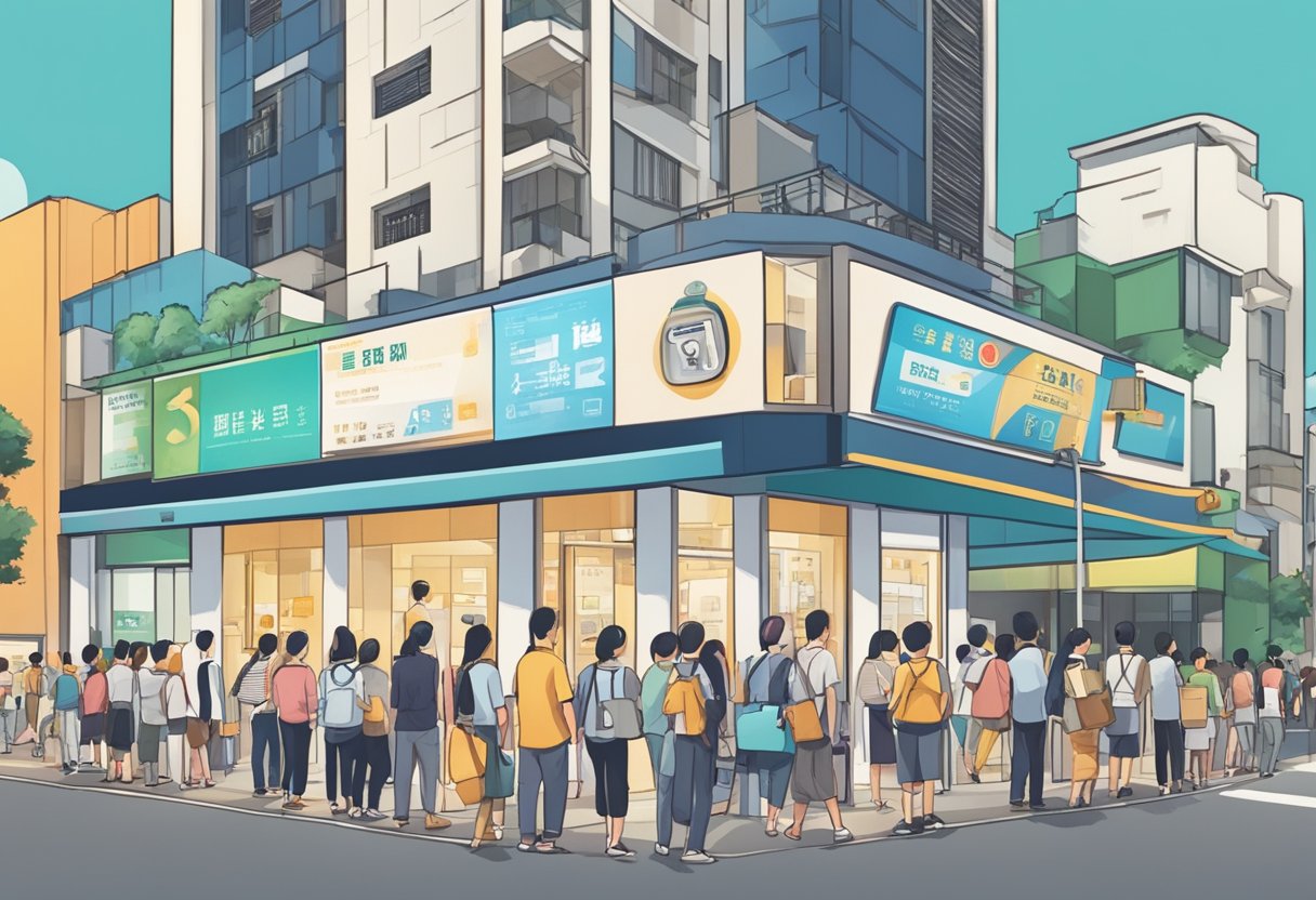 A busy street in Sengkang with a licensed money lender sign, people entering and exiting the building, and a line of customers waiting outside