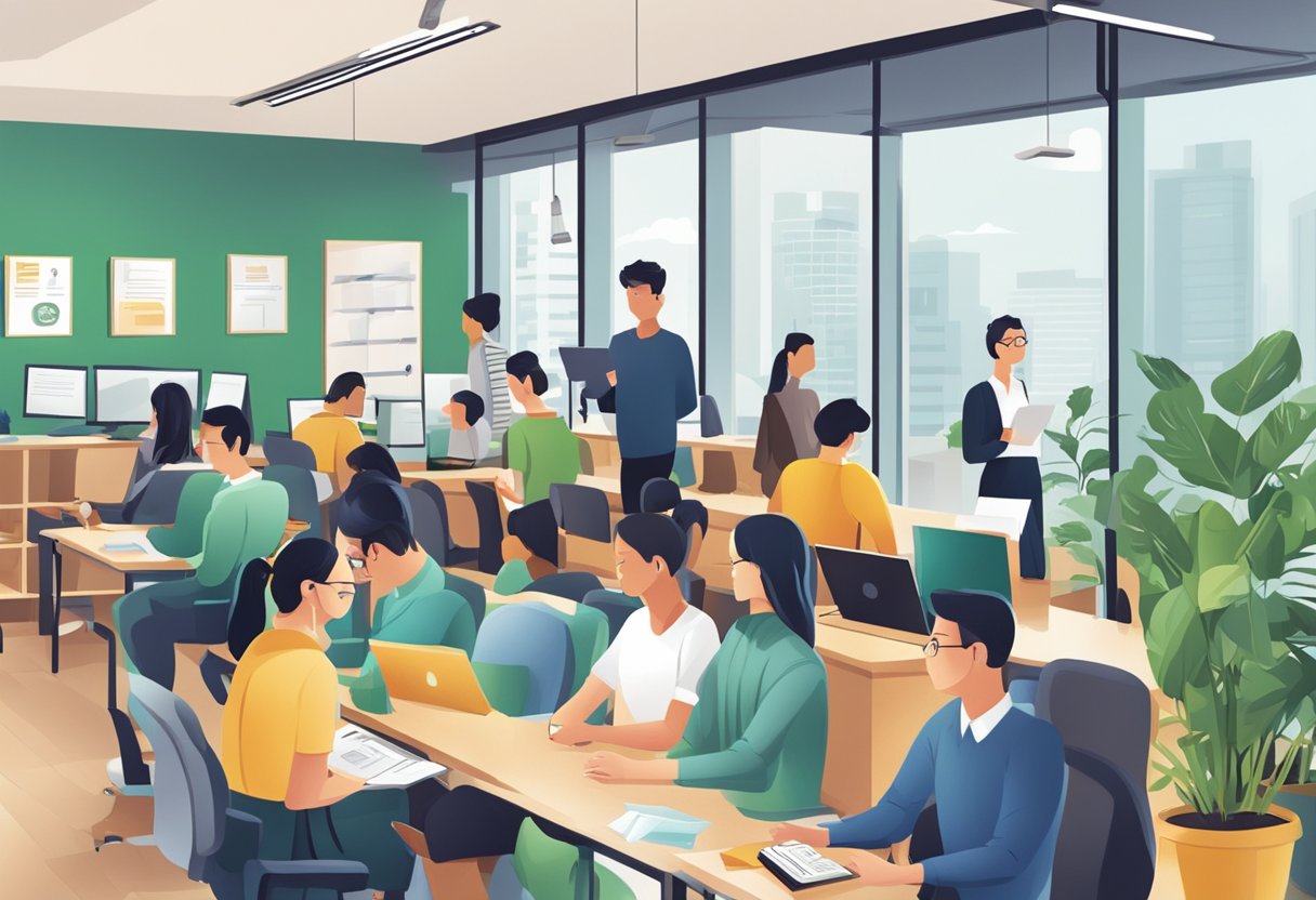 A busy office with a sign reading "Frequently Asked Questions licensed money lender sengkang" and a line of people waiting for assistance
