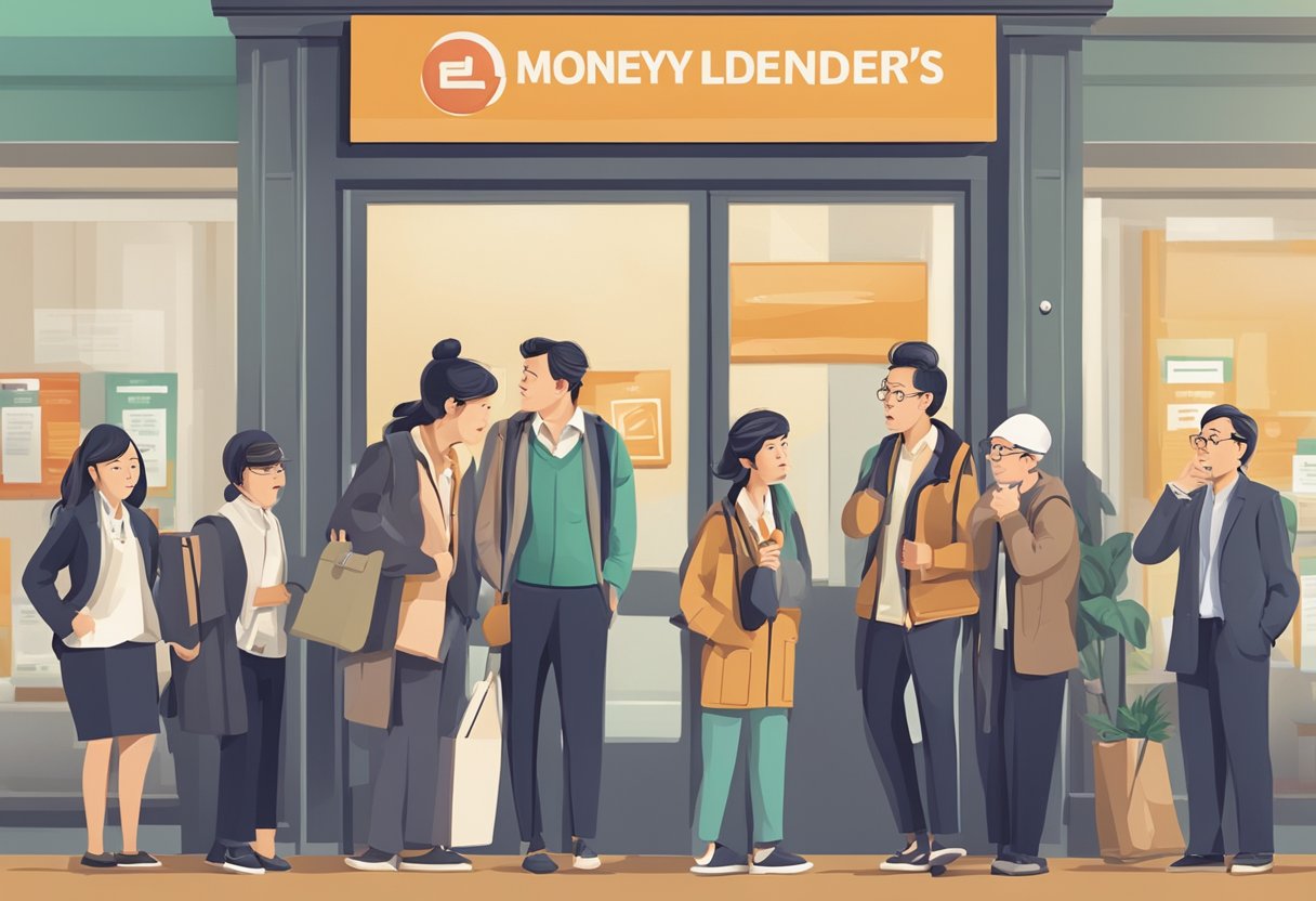 A sign outside a closed licensed moneylender's office, with a group of foreigners looking confused and frustrated