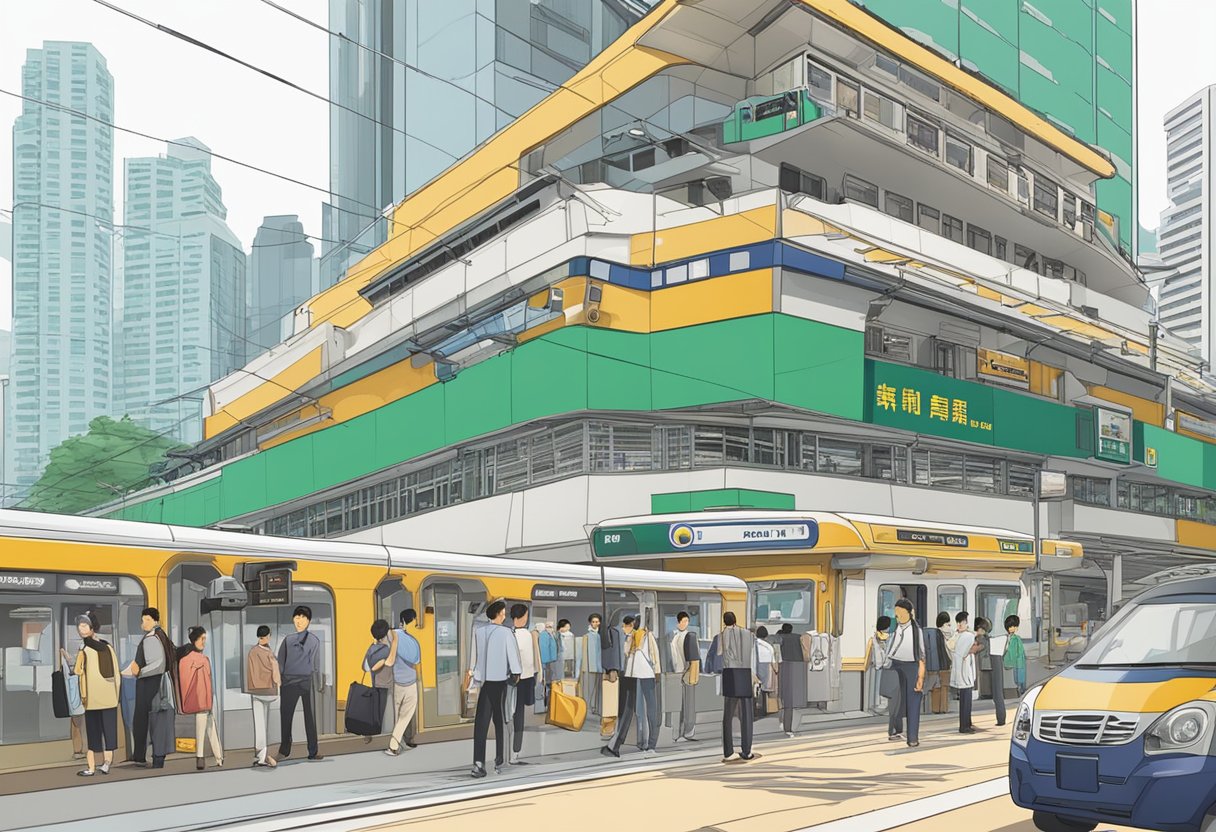 A licensed money lender stands near Simei MRT, with a sign displaying their services. The bustling train station provides a backdrop to the scene
