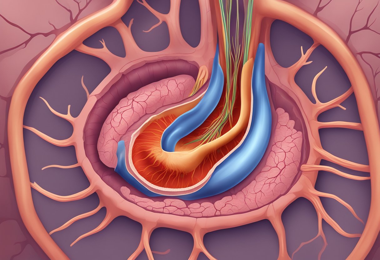 A clogged artery with plaque buildup, restricting blood flow
