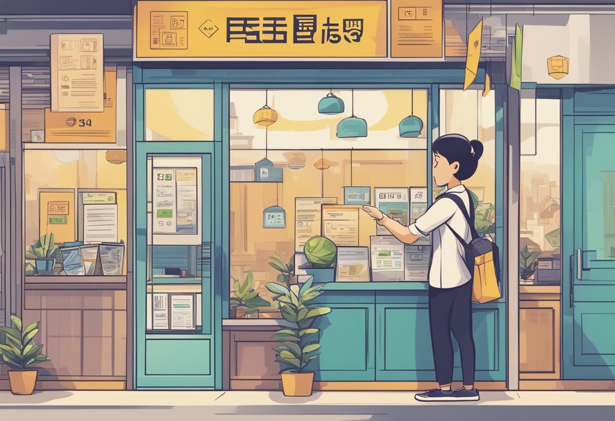 A person carefully comparing loan offers from different moneylenders in Bishan, surrounded by various signage and promotional materials