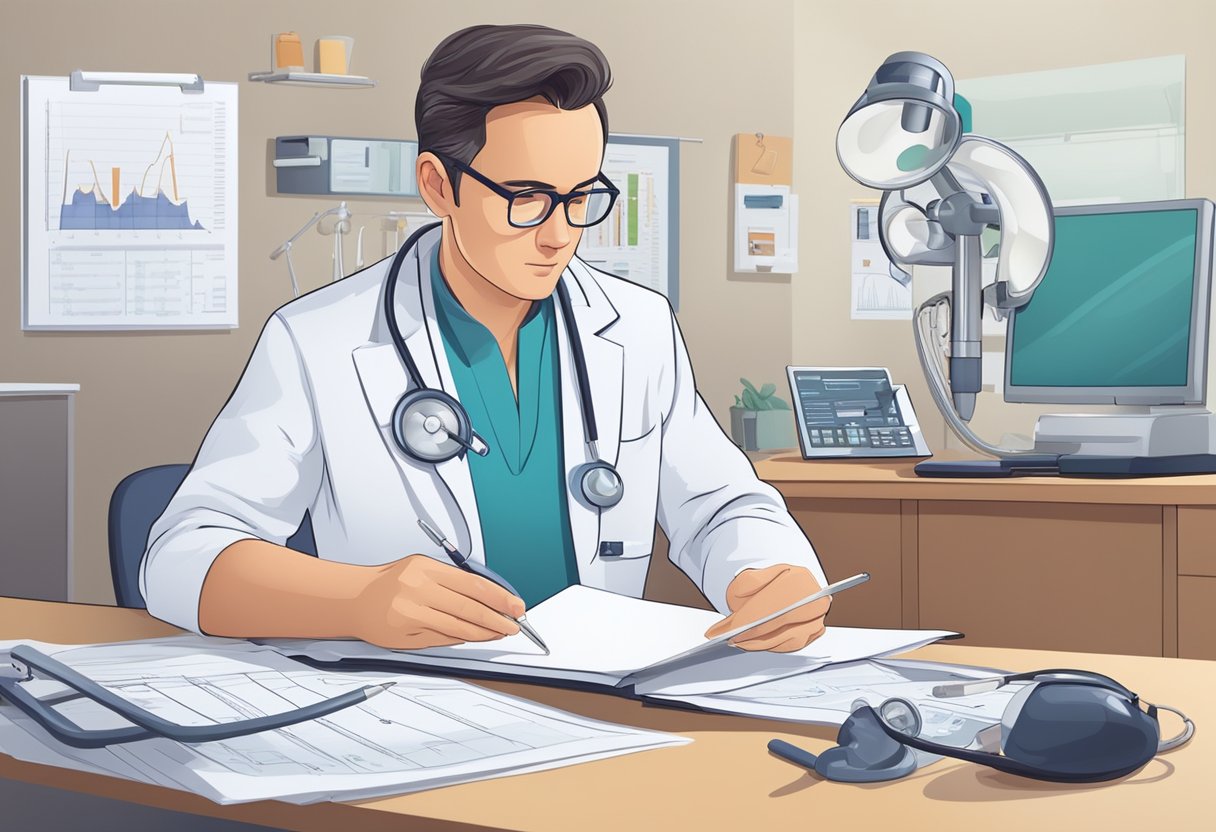 A cardiologist carefully examines a patient's ESM report, surrounded by medical equipment and charts