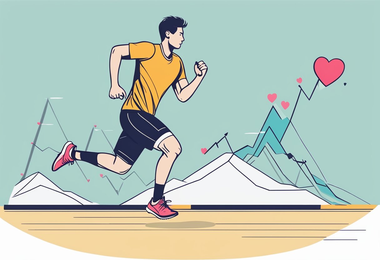 A person running uphill, sweat dripping, with a heart rate monitor showing a high number