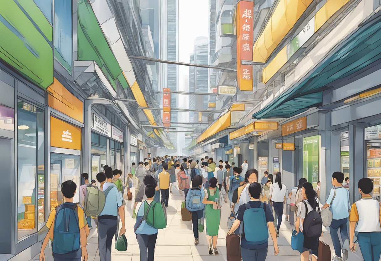 A bustling street near Simei MRT station with prominent licensed moneylender signage and a steady flow of people entering and exiting the establishment