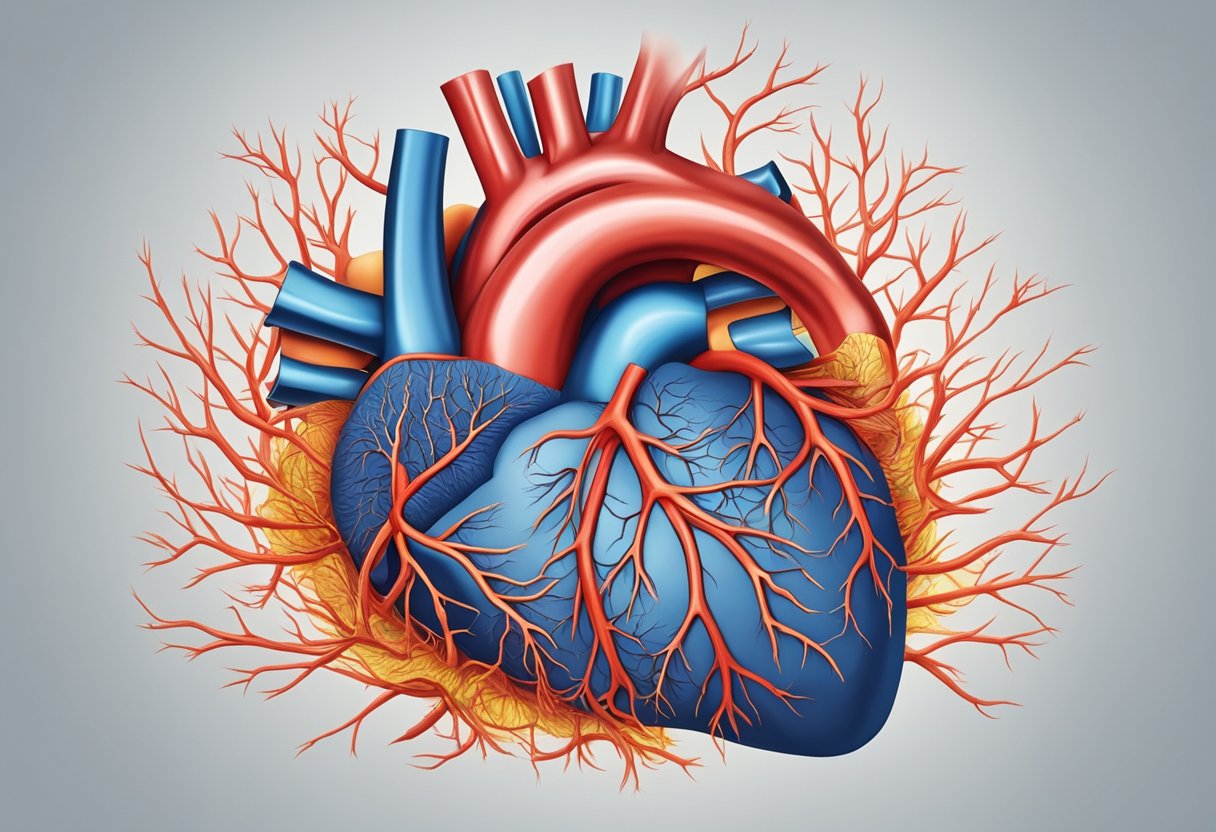 A heart surrounded by arteries, one of which is blocked, causing strain on the heart muscle