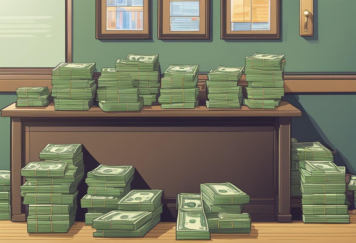 A money lender's office with stacks of cash, a desk, and a ledger book. A sign on the wall displays the interest rates