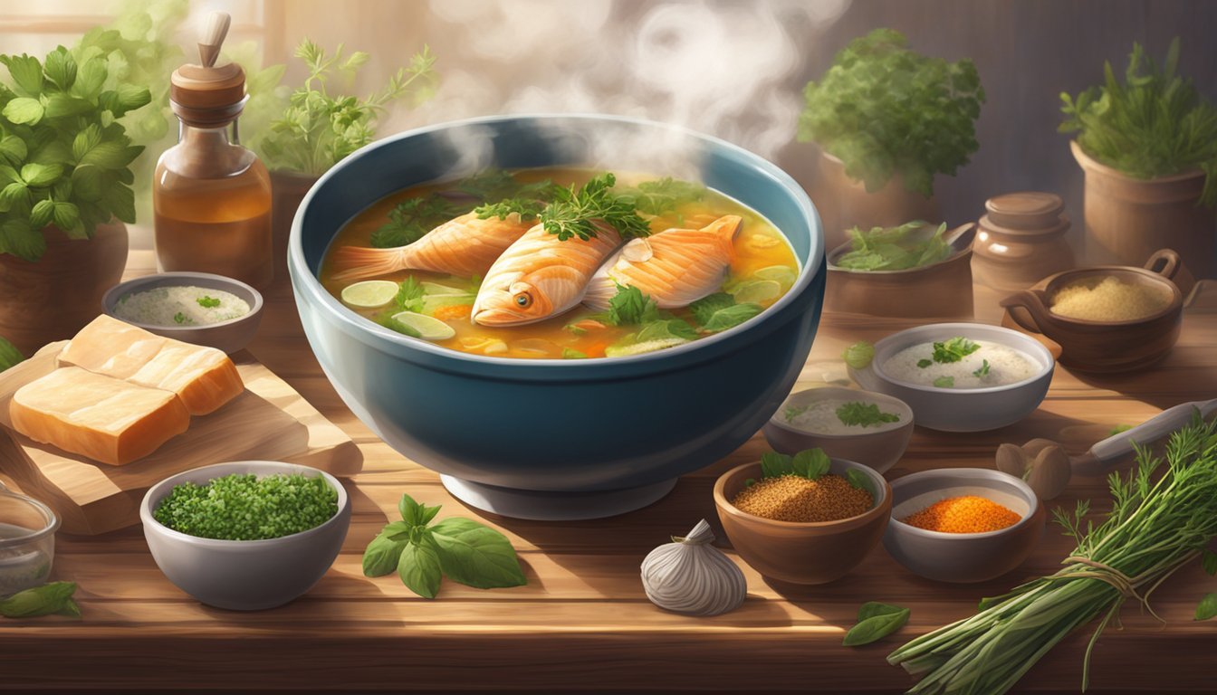 A steaming bowl of fish soup sits on a wooden table, surrounded by fresh herbs and spices. The aroma wafts through the air, creating a warm and inviting atmosphere