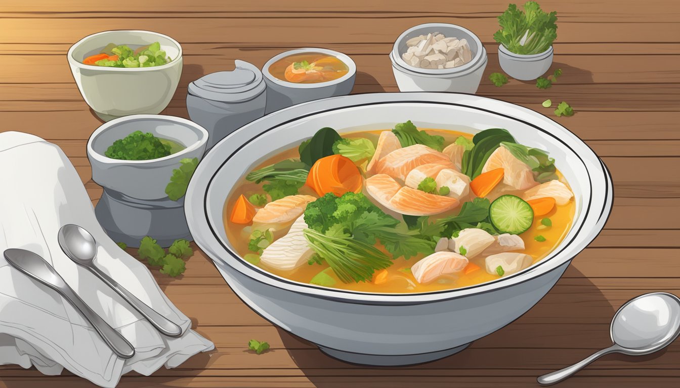 A steaming bowl of teck ee fish soup sits on a wooden table, surrounded by a spoon and napkin. The broth is filled with chunks of tender fish and fresh vegetables