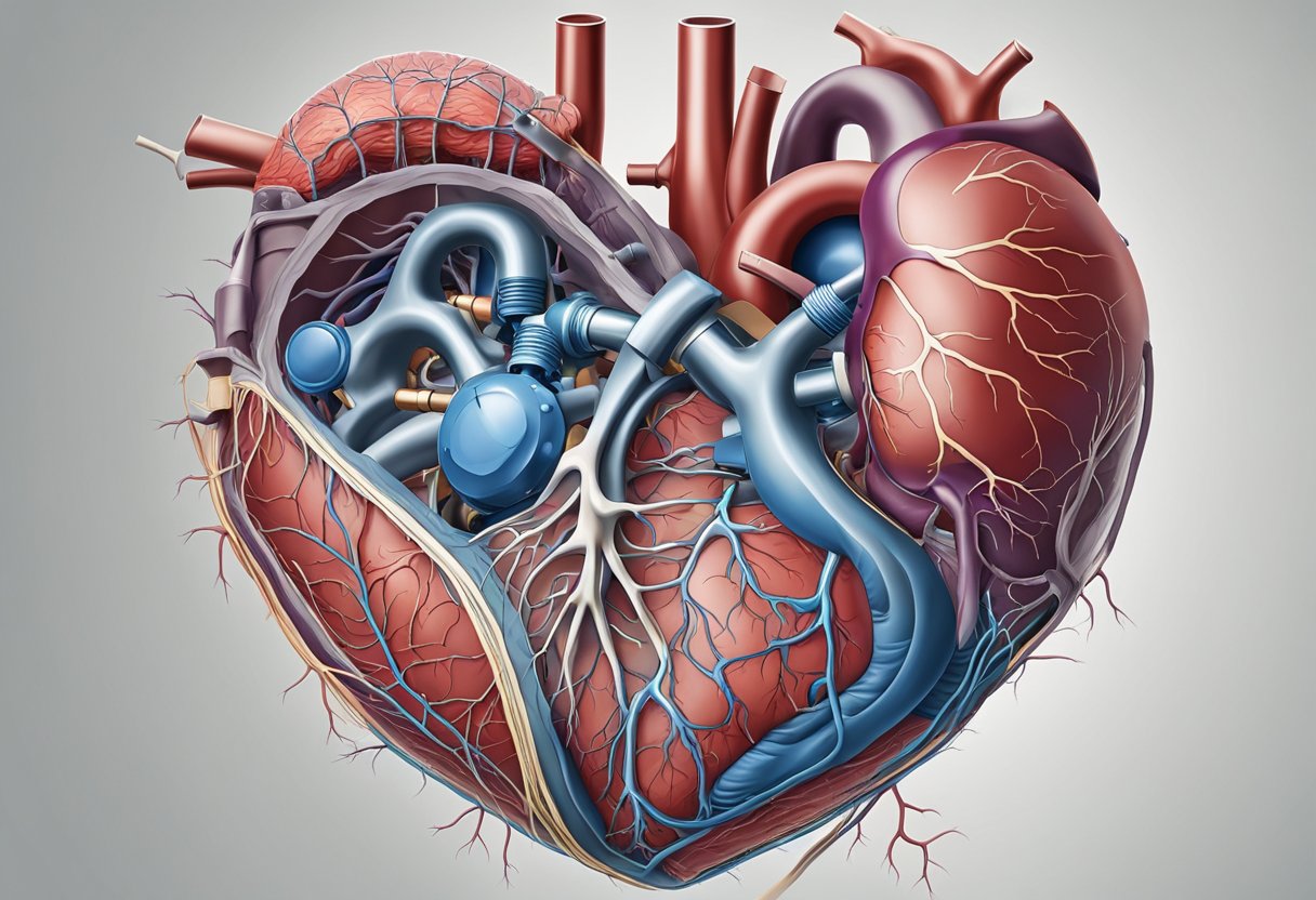 A heart with malfunctioning valves, blood flow disrupted, and surrounding arteries and veins