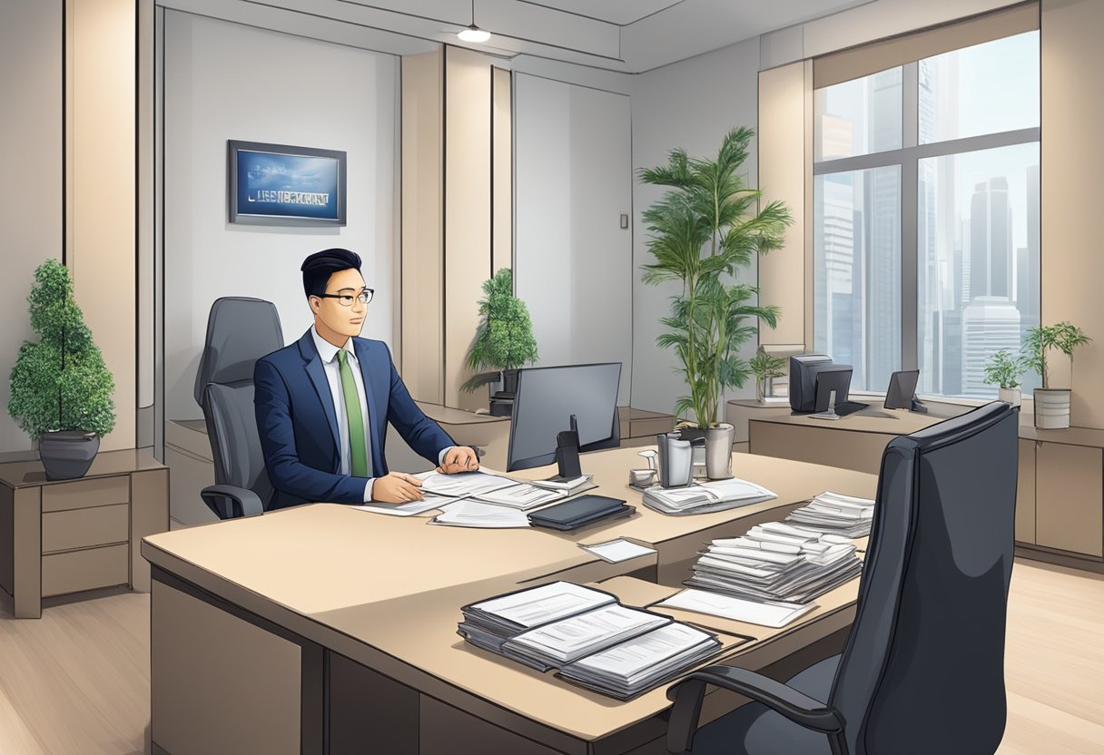 A licensed money lender in Singapore, approved by the Ministry of Law, operating in a professional office setting with official documents and a sign displaying the license