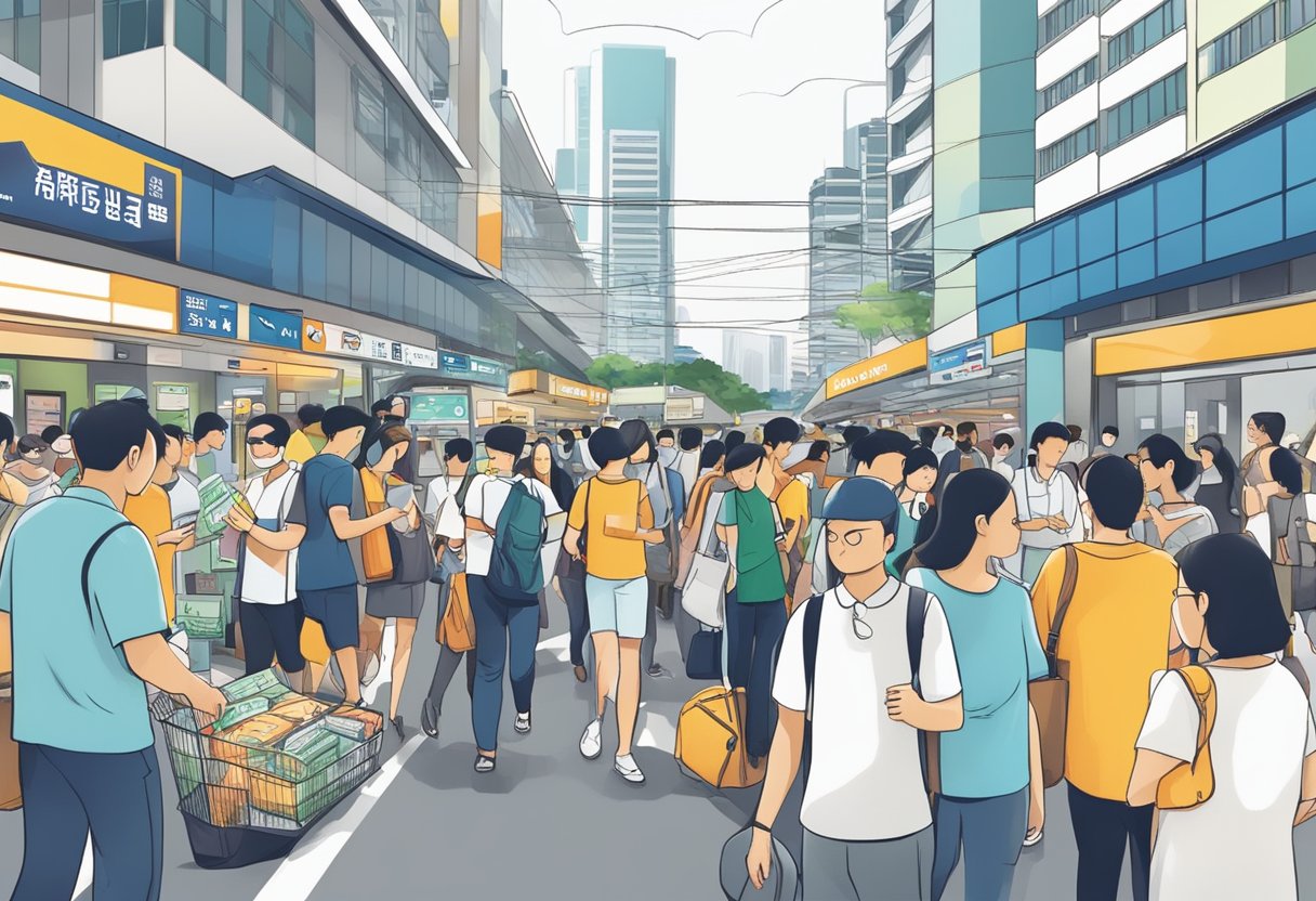 A bustling scene outside Simei MRT station with a prominent sign for Local Insights licensed money lender