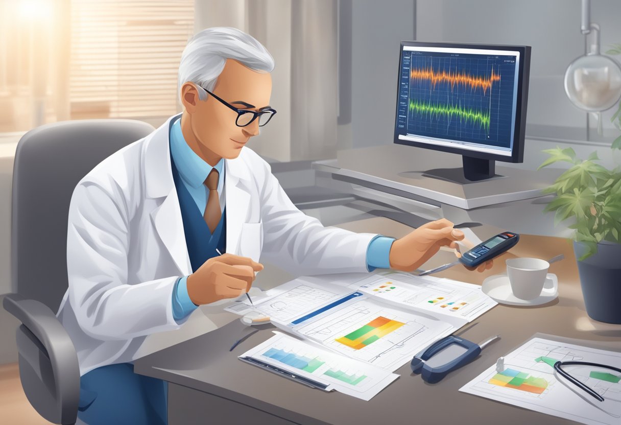 A cardiologist examines a patient's ECG results and adjusts medication accordingly