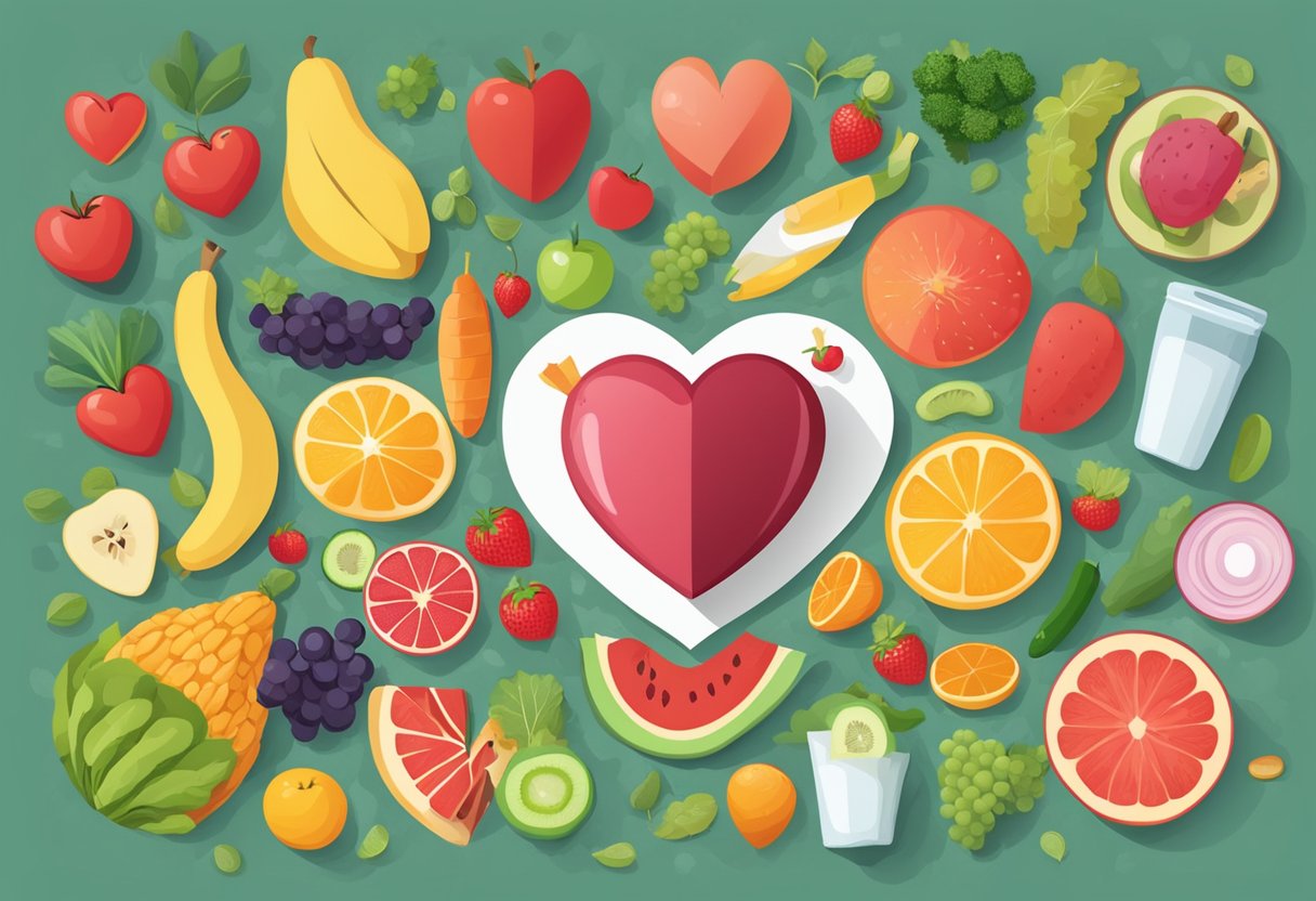 A heart surrounded by healthy lifestyle elements like exercise, fruits, vegetables, and a heart-healthy diet to prevent coronary heart disease