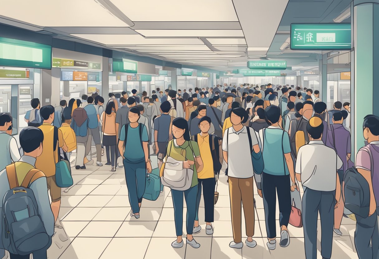 A crowded MRT station with a prominent sign for a licensed money lender. People waiting and walking around