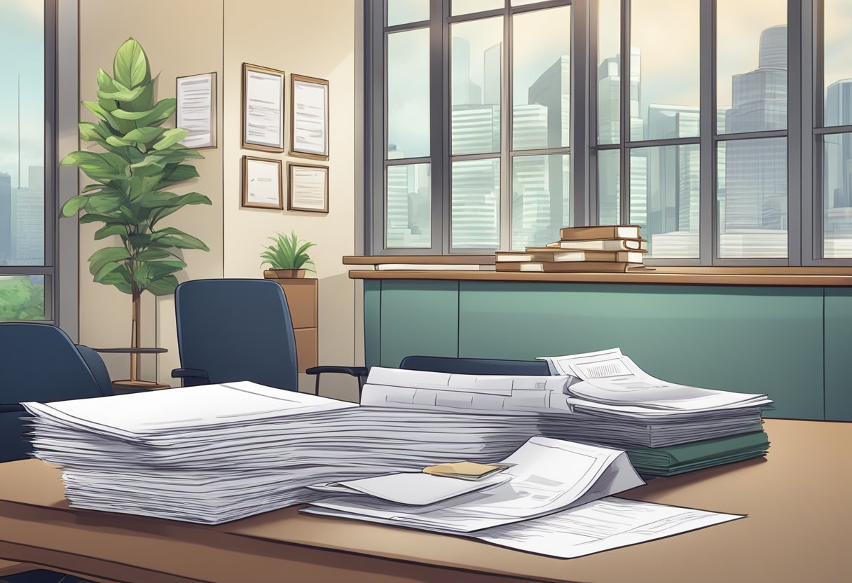 A table with a stack of papers labeled "Frequently Asked Questions" and a sign that reads "Bishan Money Lender" in a clean and professional office setting