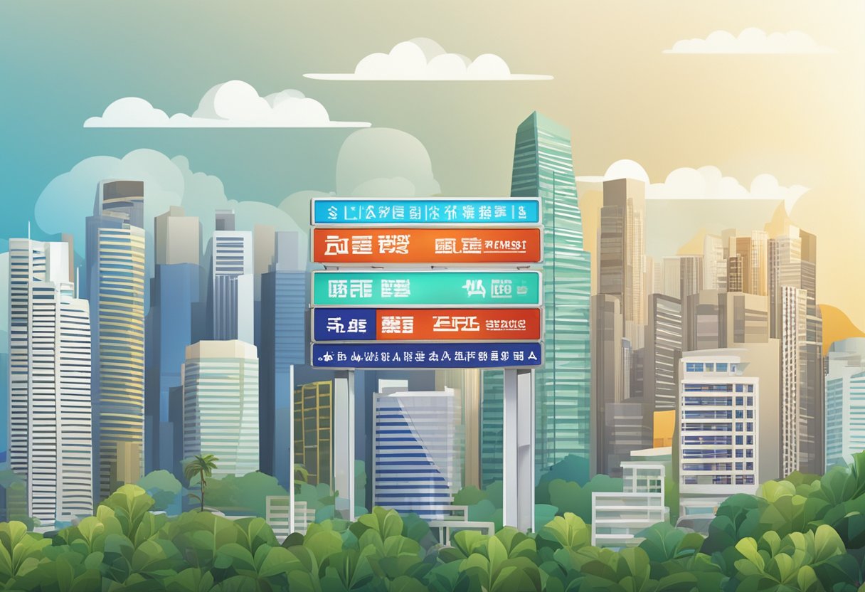 A licensed moneylender's sign displayed prominently with clear advertising text, set against a backdrop of Singapore's urban landscape