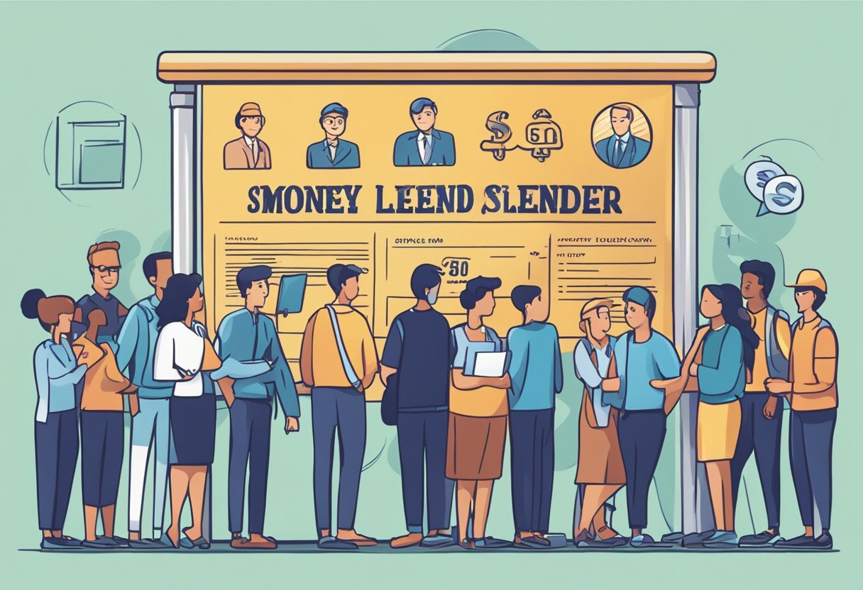 A signboard with "S.P. Money Lender" displayed prominently, surrounded by a diverse group of people seeking financial assistance