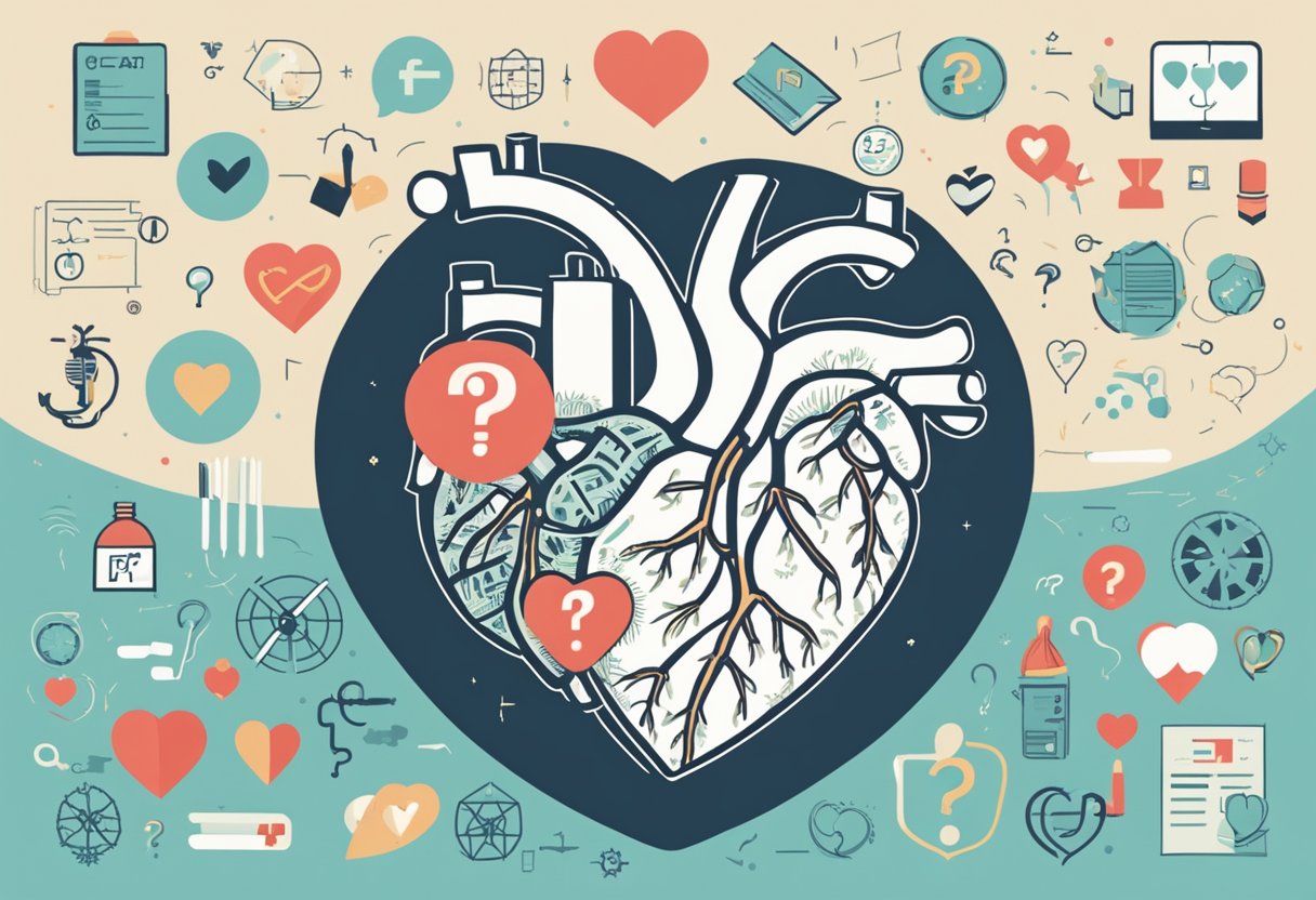 A heart with a question mark hovering above it, surrounded by medical symbols and text "Frequently Asked Questions coronary heart disease CHD"