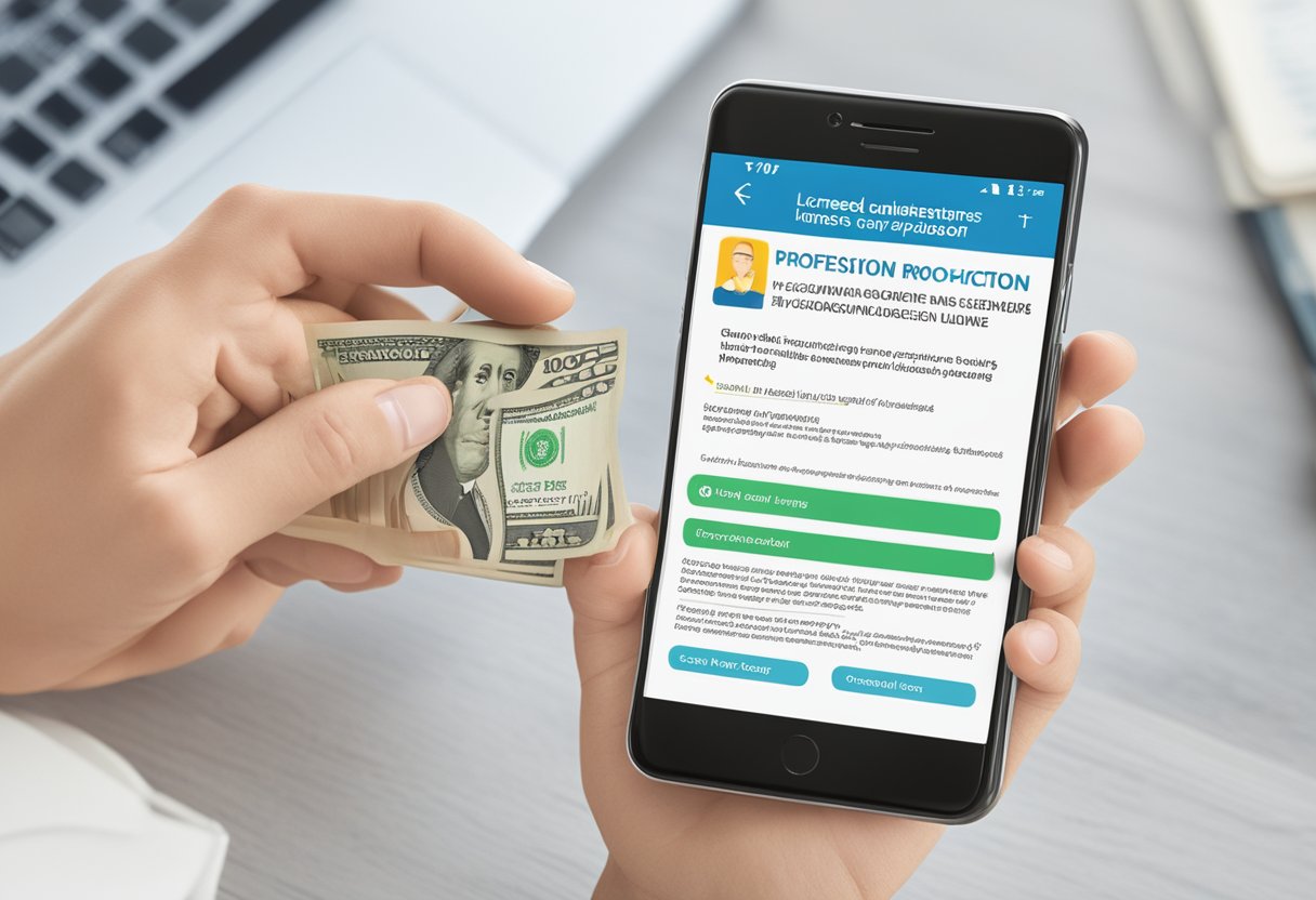 A licensed money lender's advertisement appears on a smartphone screen with clear text and consumer protection guidelines in the background