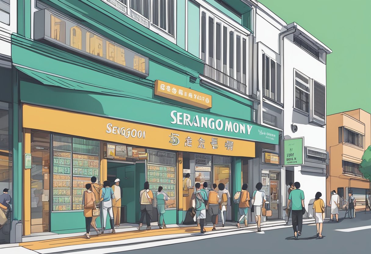 A signboard outside a building with "Serangoon Money Lender" in bold letters. Surrounding shops and people walking by