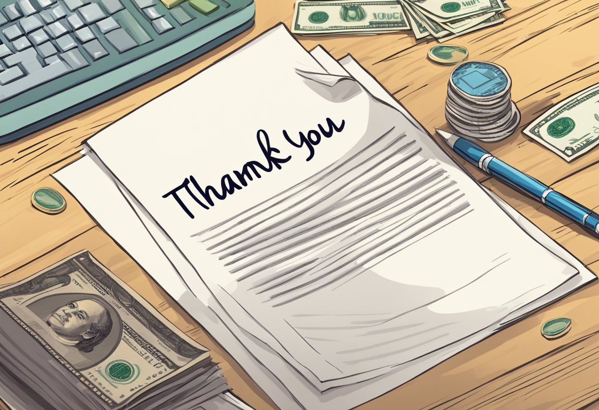 A hand-written thank you letter on a desk, with a stack of money and a lending agreement in the background