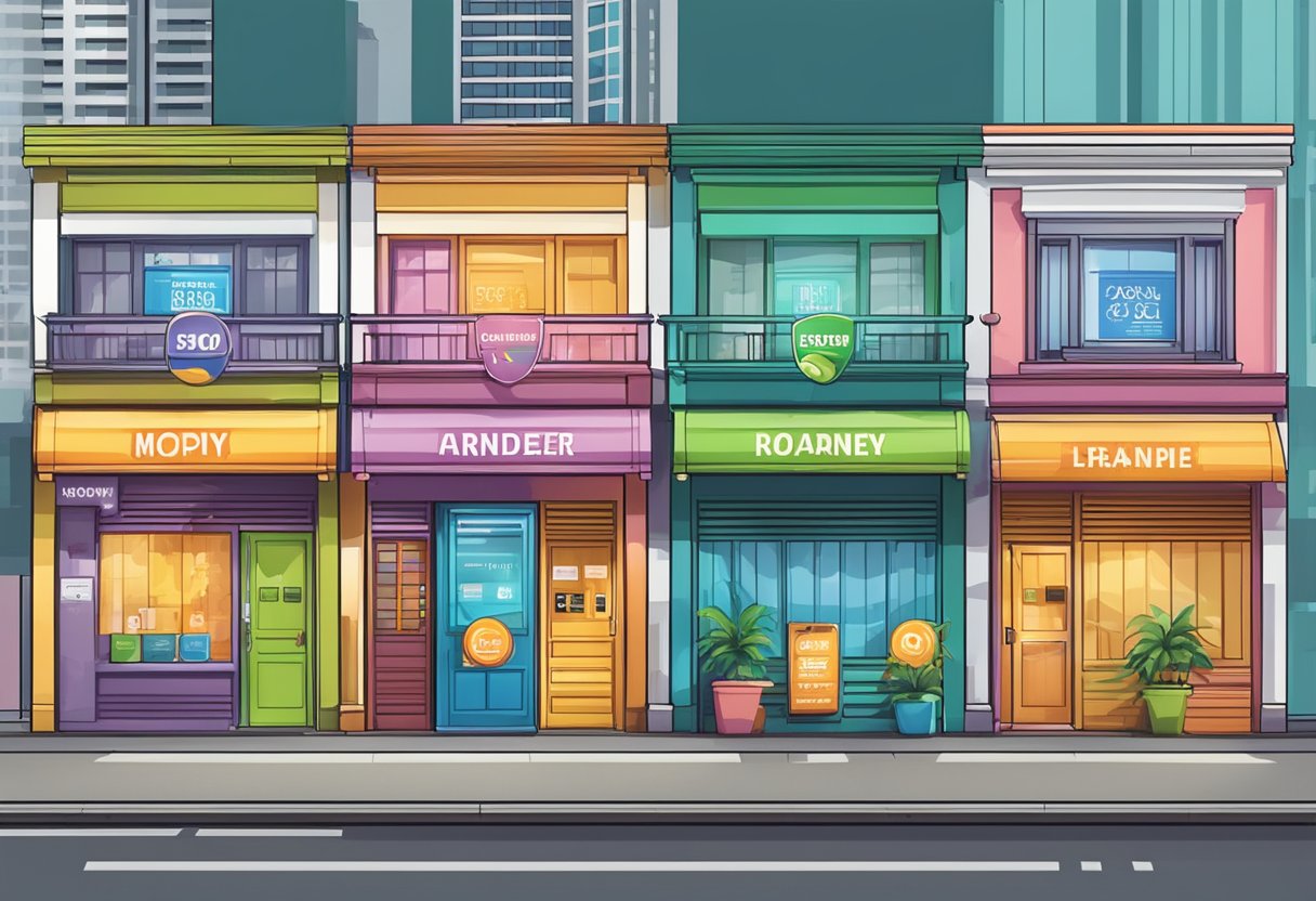Three licensed money lender signs in a row, with bright colors and bold lettering, displayed prominently outside their respective storefronts in Singapore