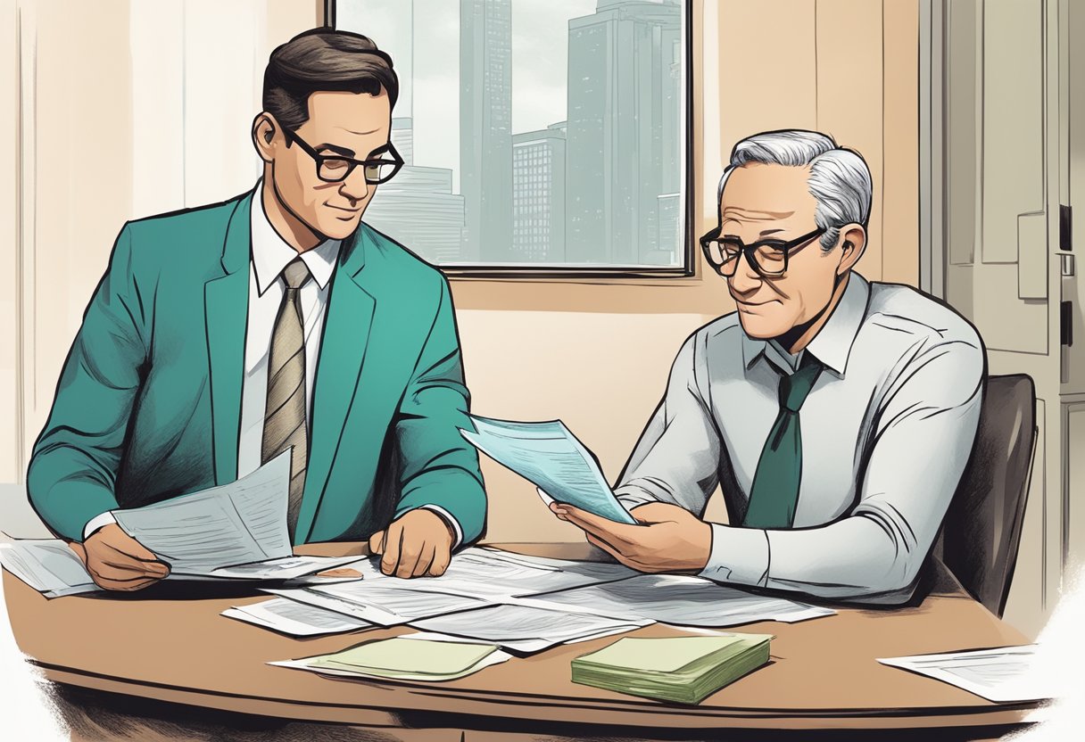 A person carefully reading a contract with a skeptical expression, while a money lender looks on with a sly grin