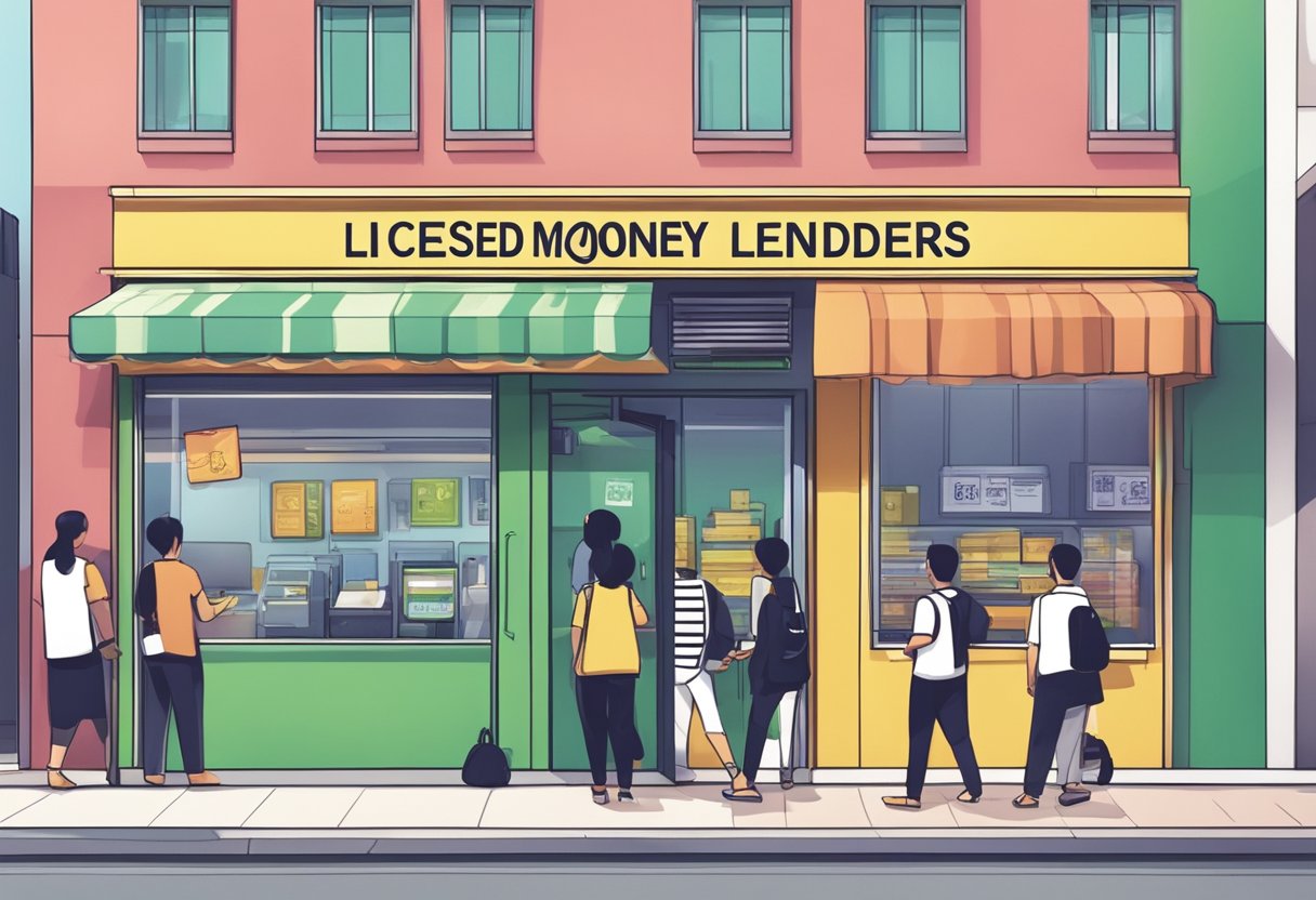 A storefront with a sign reading "Licensed Money Lenders" in Serangoon. People entering and exiting the building. Visible signage indicating financial services