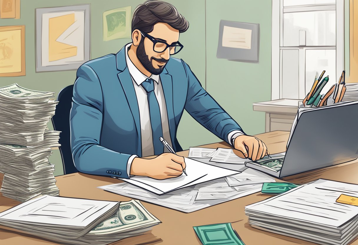 A person writes a thank you letter at a desk with a money lender's logo in the background. A stack of bills and a pen sit on the table