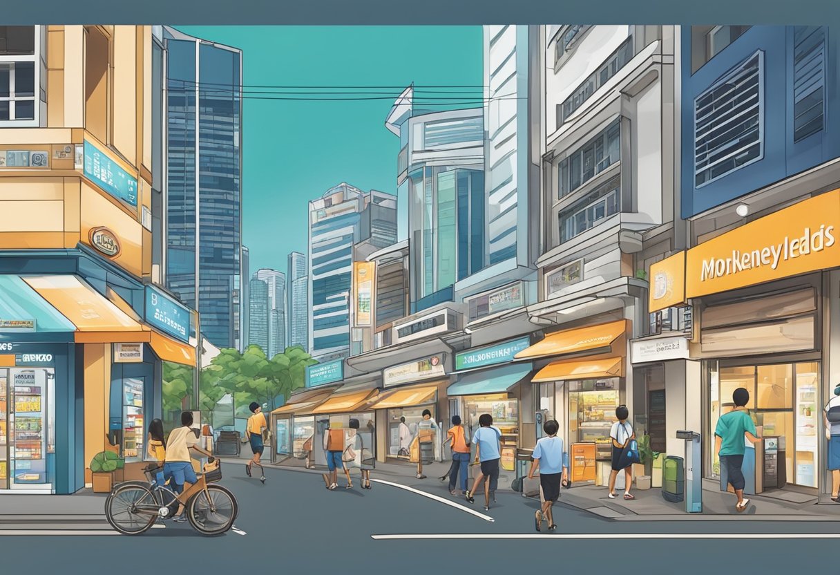 A bustling street in Singapore with three prominent storefronts labeled as licensed moneylenders. The signs display their names and logos, attracting a steady stream of customers