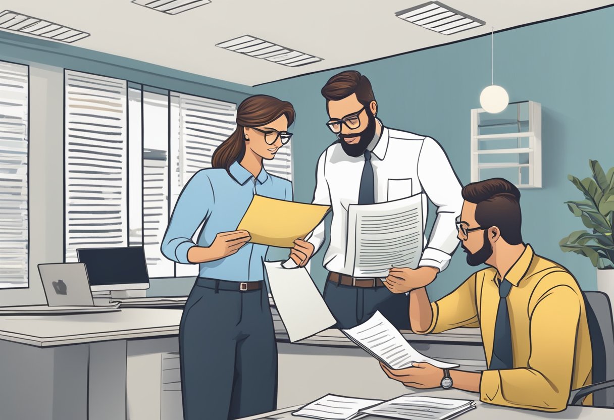 A customer at a money lender's office, holding a list of frequently asked questions, while the lender explains terms and conditions