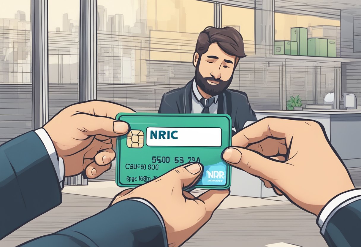 A person holding an NRIC card refusing to give money to a lender