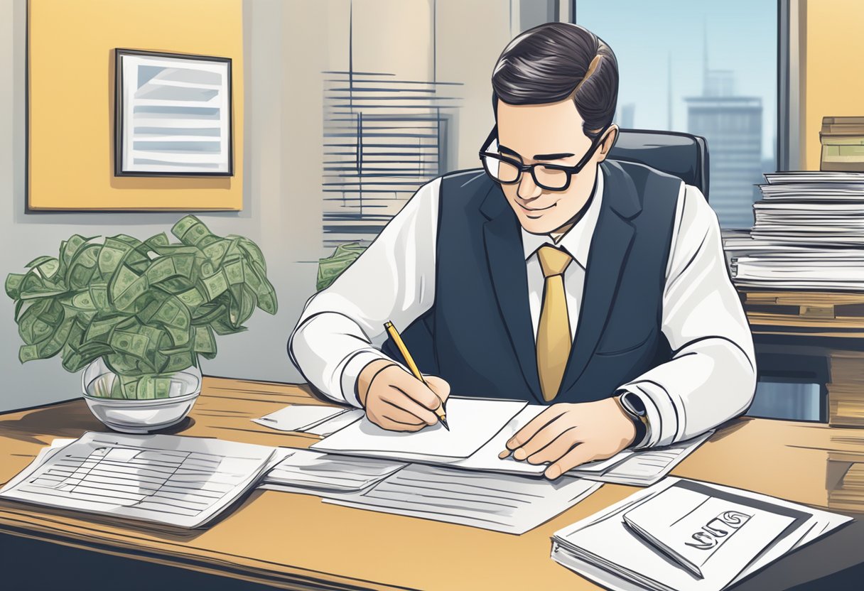 A person writing a thank you letter at a desk with a money lender's logo in the background