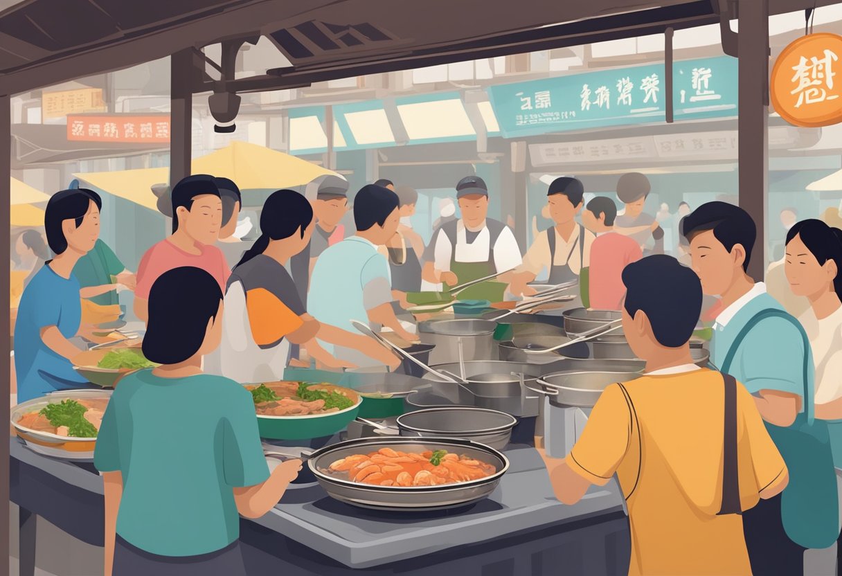 A bustling hawker center with steaming pots, fresh seafood, and a fragrant broth. Customers eagerly line up for a taste of Telok Ayer Fish Soup