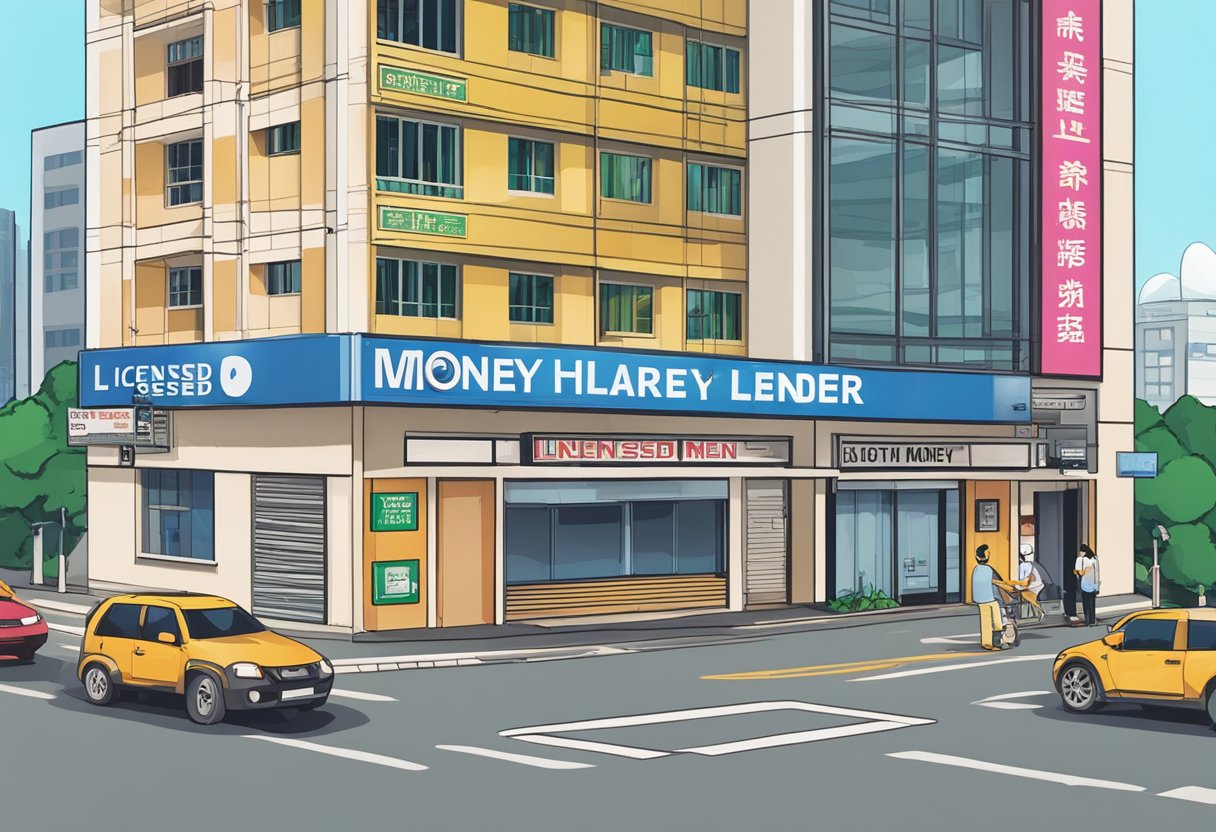 A signboard outside a building in Toa Payoh, Singapore, displaying the words "Licensed Money Lender" in bold letters
