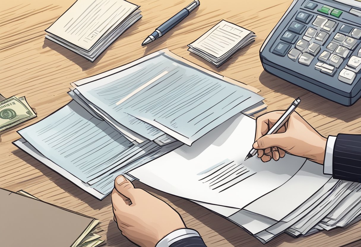 A thank you letter being handed to a money lender, with a stack of papers and a pen on a desk