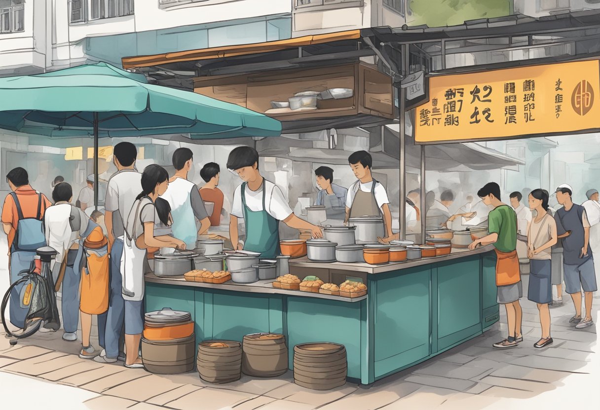 A bustling hawker stall at Telok Ayer, with steaming pots of fish soup, and customers eagerly waiting for their orders