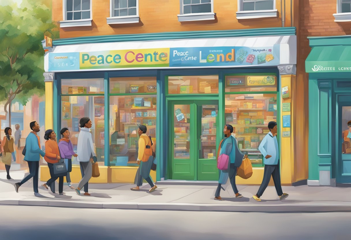 The Peace Centre money lender's storefront is adorned with colorful signs and a busy atmosphere, with customers coming and going throughout the day