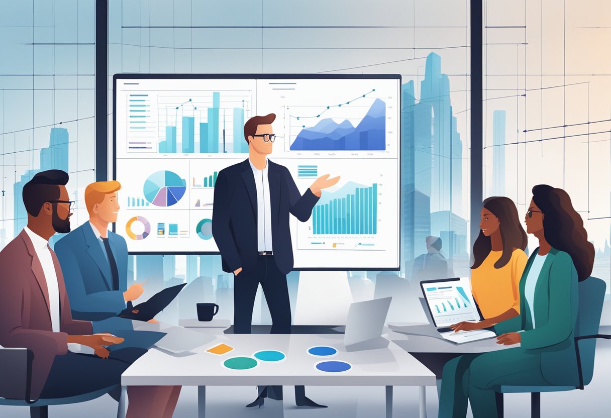 A diverse group of people discussing financial solutions in a modern office setting with charts and graphs displayed on a large screen