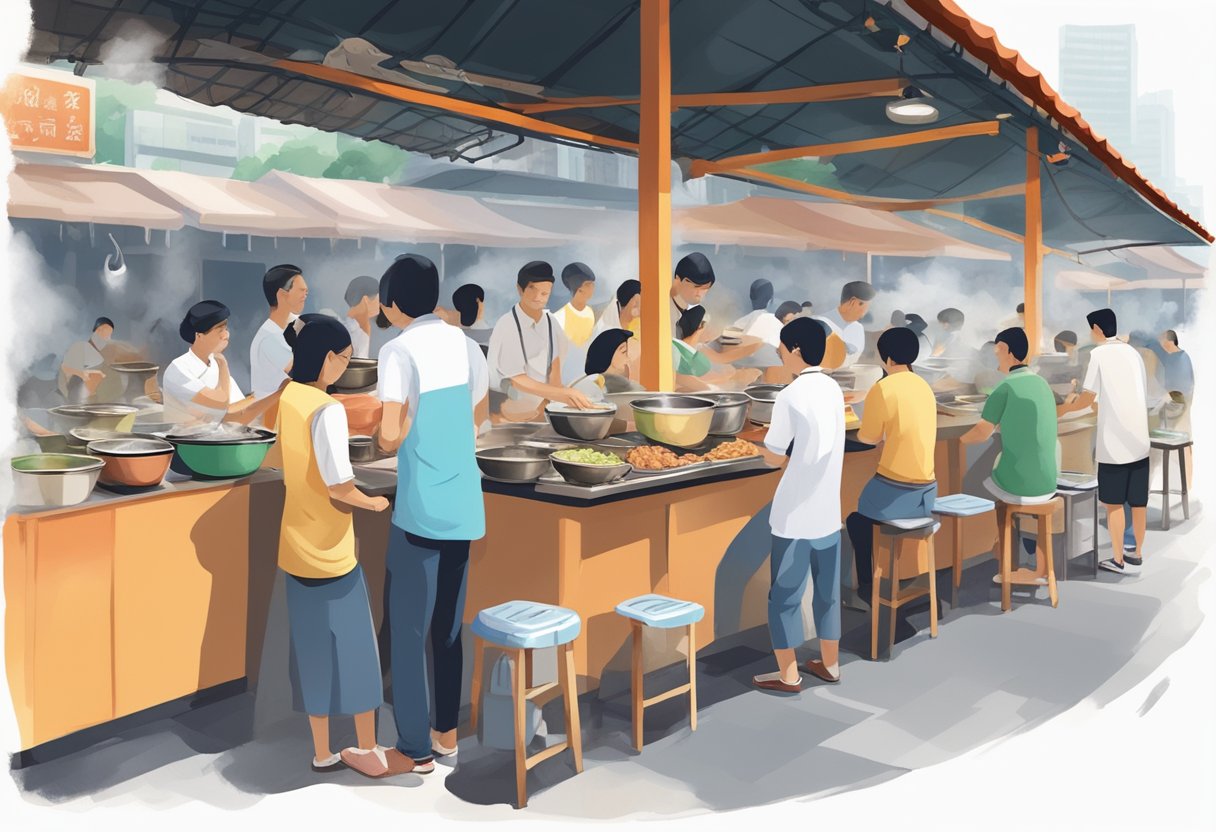 A bustling hawker center with customers lined up at Telok Ayer Fish Soup stall, steam rising from bowls, and the aroma of fresh seafood filling the air