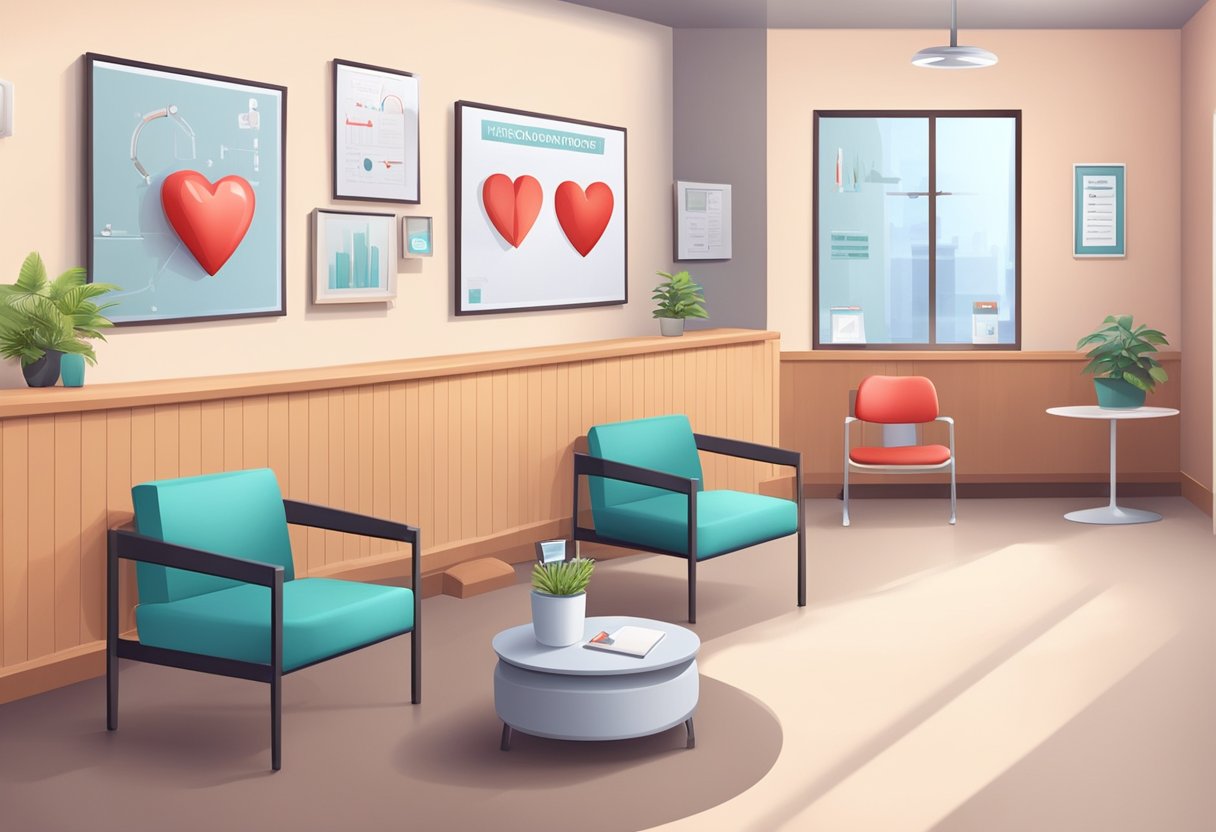 A cardiologist's office with a welcoming waiting area, medical equipment, and informational posters on heart health displayed on the walls
