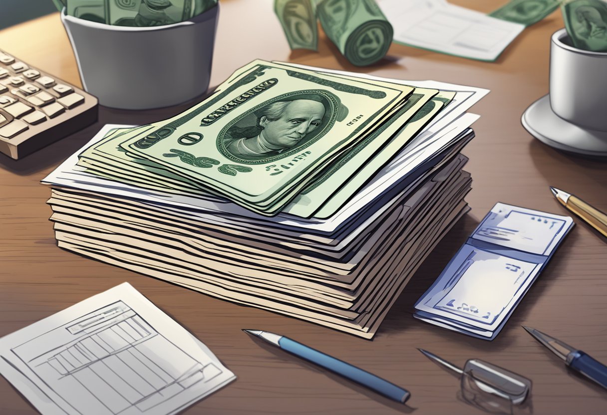 An NRIC card sits on a table, next to a stack of cash and a contract, symbolizing its role in money lending