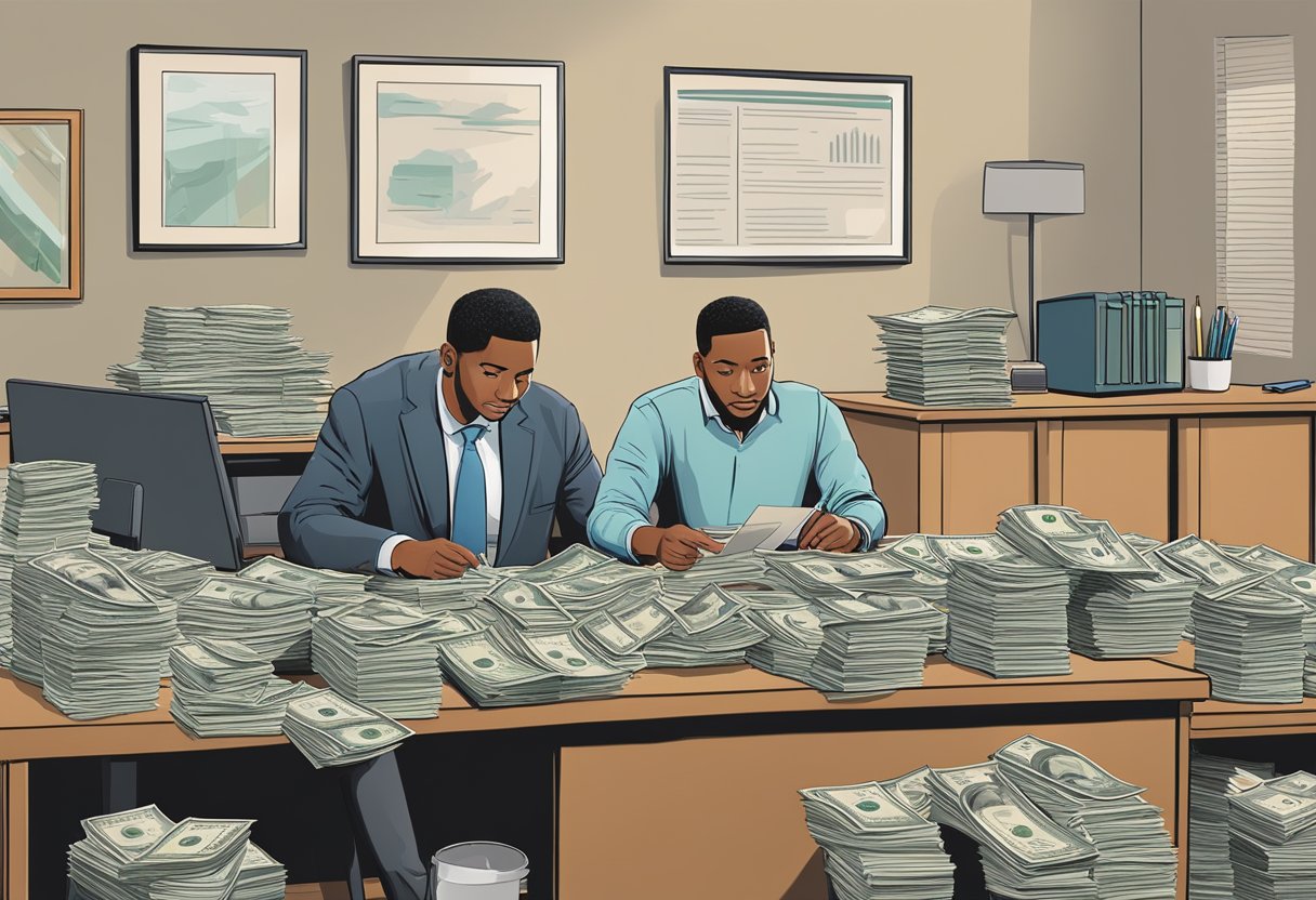 A money lender sits behind a desk at Peace Centre, counting cash and discussing terms with a client. The office is cluttered with paperwork and financial documents