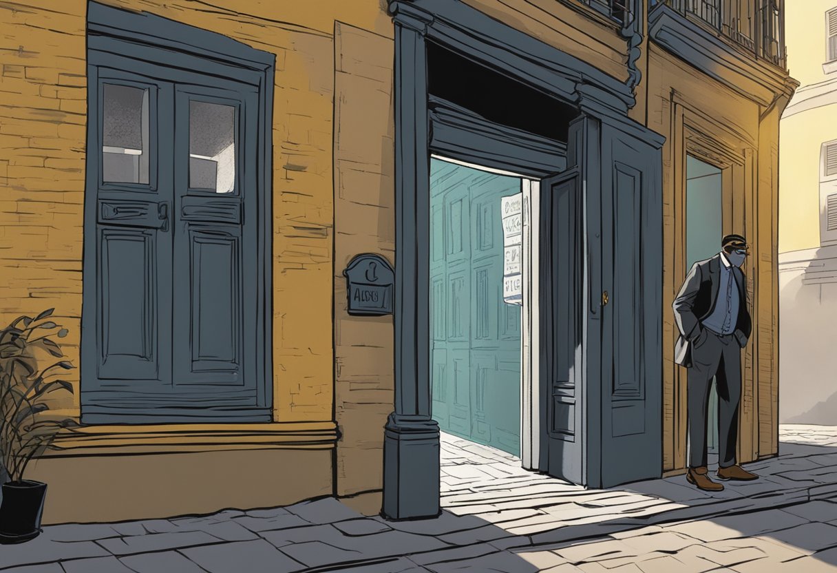 A dimly lit alley with a sign reading "Crawford Lane Money Lender" above a weathered door. A shadowy figure lurks in the background
